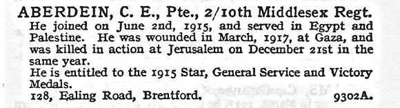 Aberdein C E Pte 2/10th Middlesex Regiment 128, Ealing Road, Brentford, London.