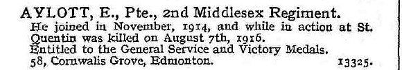 Aylott E Pte 2nd Middlesex Regiment