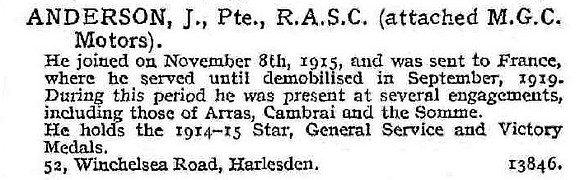 Anderson J Pte Army Service Corps Attd Motor Machine Gun Corps