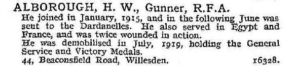 Alborough H W Gnr Royal Field Artillery