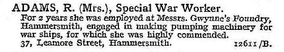 Adams R Pte Mrs Special War Worker