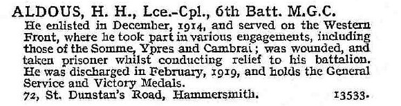 Aldous H H LCpl Machine Gun Corps