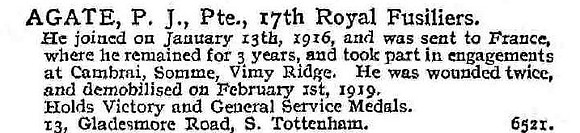 Agate P J Pte 17th Royal Fusiliers