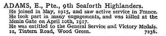 Adams E Pte 9th Seaforth Highlanders 12, Tintern Road, Wood Green.