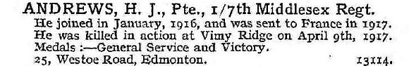 Andrews H J Pte 7th Middlesex Regiment