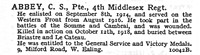 Abbey C S Pte 4th Middlesex Regiment 9, Milford Road, West Ealing. London.