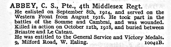 Abbey C S Pte 4th Middlesex Regiment 9, Milford Road, West Ealing. London.