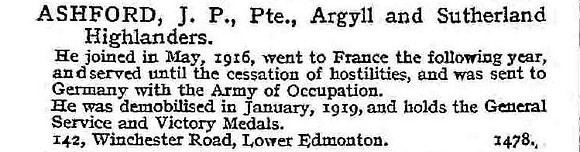 Ashford J P Pte Argyll And Sutherland Highlanders