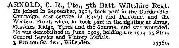 Arnold C R Pte 5th Wiltshire Regiment