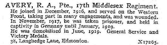 Avery R A Pte 17th Middlesex Regiment