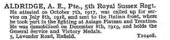Aldridge A E Pte 5th Royal Sussex Regiment