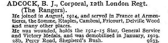 Adcock B J Cpl 12th London Regiment