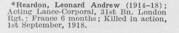Reardon L A LCpl 31st London Regiment