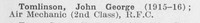 Tomlinson J G Air Mech 2nd Class Royal Flying Corps
