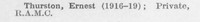 Thurston E Pte Royal Army Medical Corps (LCC Chief Engineers Department Central Office)