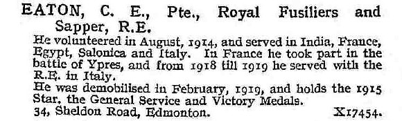 Eaton C E Pte Royal Fusiliers And Royal Engineers