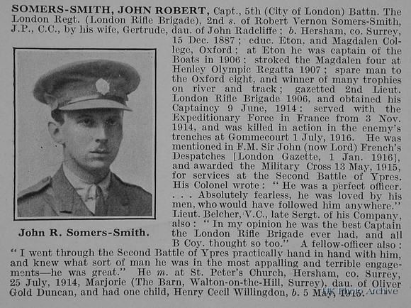 Somers-Smith J R Captain 5th London Regt Obit De Ruvignys Roll Of Honour Vol 2