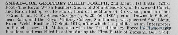 Snead-Cox G P J 2nd Lt 1st Royal Welsh Fusiliers Obit