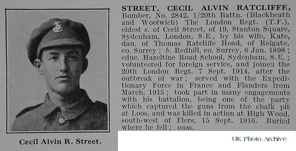 Street C A R Bomber 2842 20th London Regiment Obit De Ruvignys Roll Of Honour Vol 2