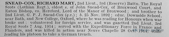Snead-Cox R M 2nd Lt 3rd Royal Scots Obit