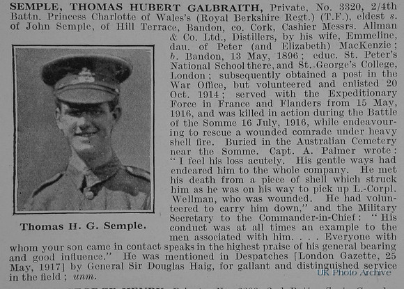 Semple T H G Pte 4th Royal Berkshire Regiment Obit De Ruvignys Roll Of Honour Vol 2