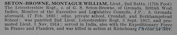 Seton-Browne M W Lt 2nd Leicestershire Regiment Obit Part 1