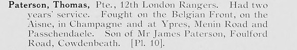Paterson T Pte 12th London Regiment Photo Available Plate 10