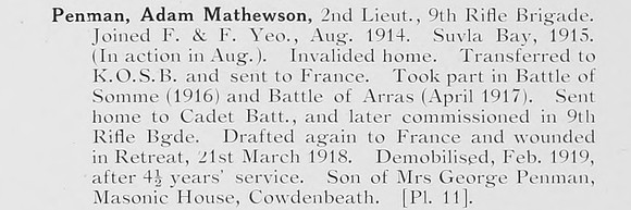 Penman A M 2nd Lt 9th Rifle Brigade Photo Available Plate 11