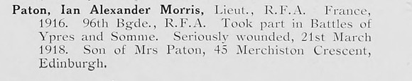 Paton I A M Lt Royal Field Artillery