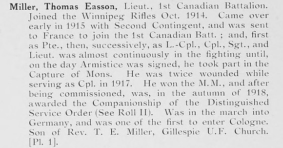 Miller T E Lt 1st Canadian Battalion CEF Photo Available Plate 1