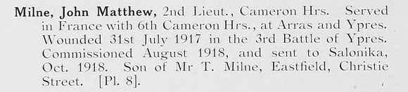 Milne J M 2nd Lt Cameron Highlanders Photo Available Plate 8