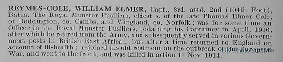 Reymes-Cole W E Captain 2nd Royal Munster Fusiliers Obit