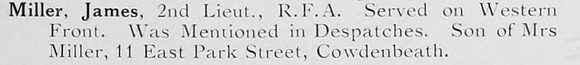 Miller J 2nd Lt Royal Field Artillery