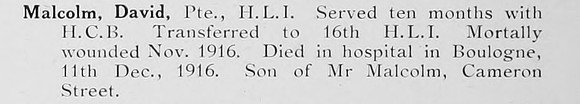 Malcolm D Pte 16th Highland Light Infantry