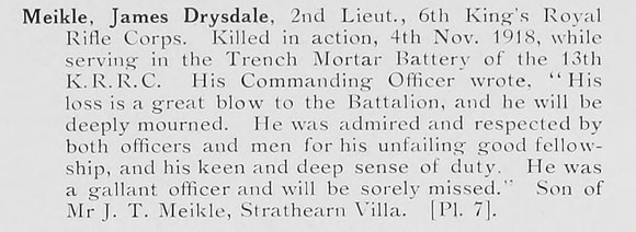 Meikle J D 2nd Lt 6th Kings Royal Rifle Corps Photo Available Plate 7