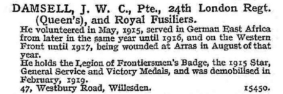 Damsell J W C Pte 24th London Regiment And Royal Fusiliers