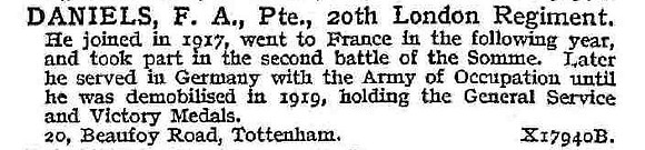 Daniels F A Pte 20th London Regiment