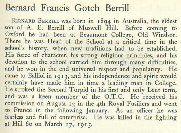 Berrill B F G Lt 6th Royal Fusiliers Obit