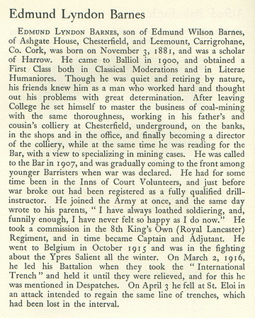 Barnes E L Captain 8th Kings Own Obit
