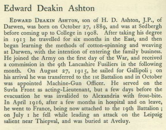 Ashton E D 2nd Lt 9th Attd 19th Lancashire Fusiliers Obit