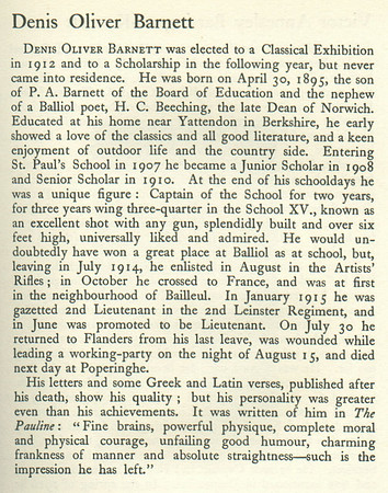 Barnett D O Lt 2nd Leinster Regiment Obit