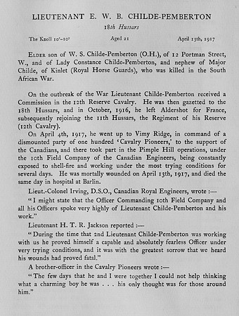 Childe-Pemberton E W R Lt 18th Hussars Obit
