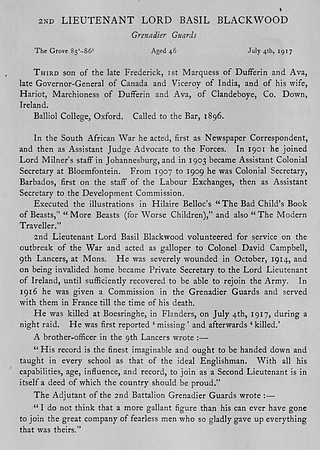 Blackwood B 2nd Lt Lord Grenadier Guards Obit
