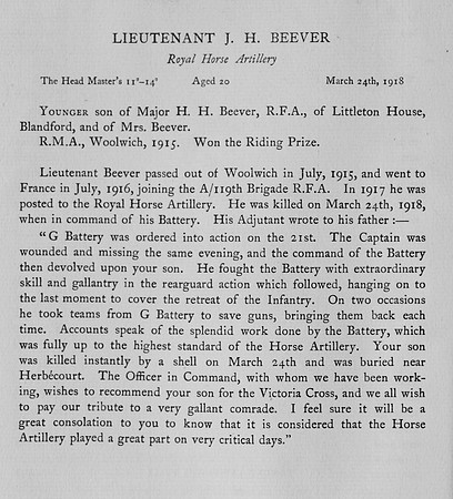 Beever J H Lt Royal Horse Artillery Obit