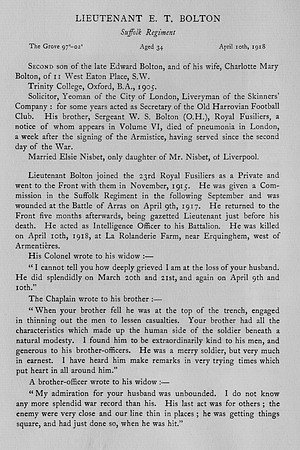 Bolton E T Lt Suffolk Regiment Obit