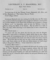 Blackwell A F Lt MC Royal Field Artillery Obit