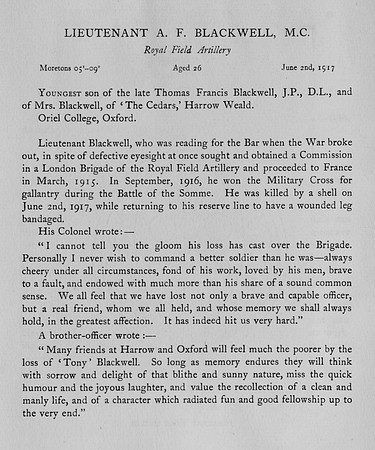 Blackwell A F Lt MC Royal Field Artillery Obit
