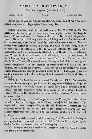 Chapman C M B Major MC Royal Flying Corps Obit