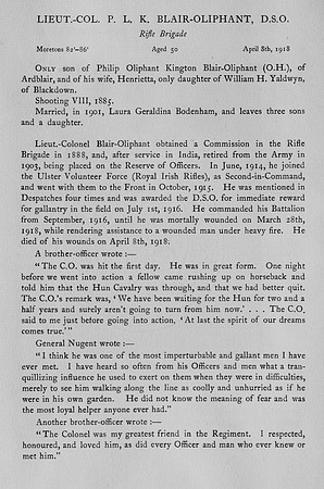Blair-Oliphant P L K Lt Col DSO Rifle Brigade Obit