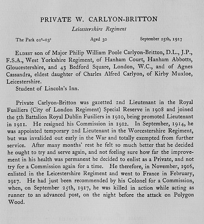 Carlyon-Britton W Pte Leicestershire Regiment Obit
